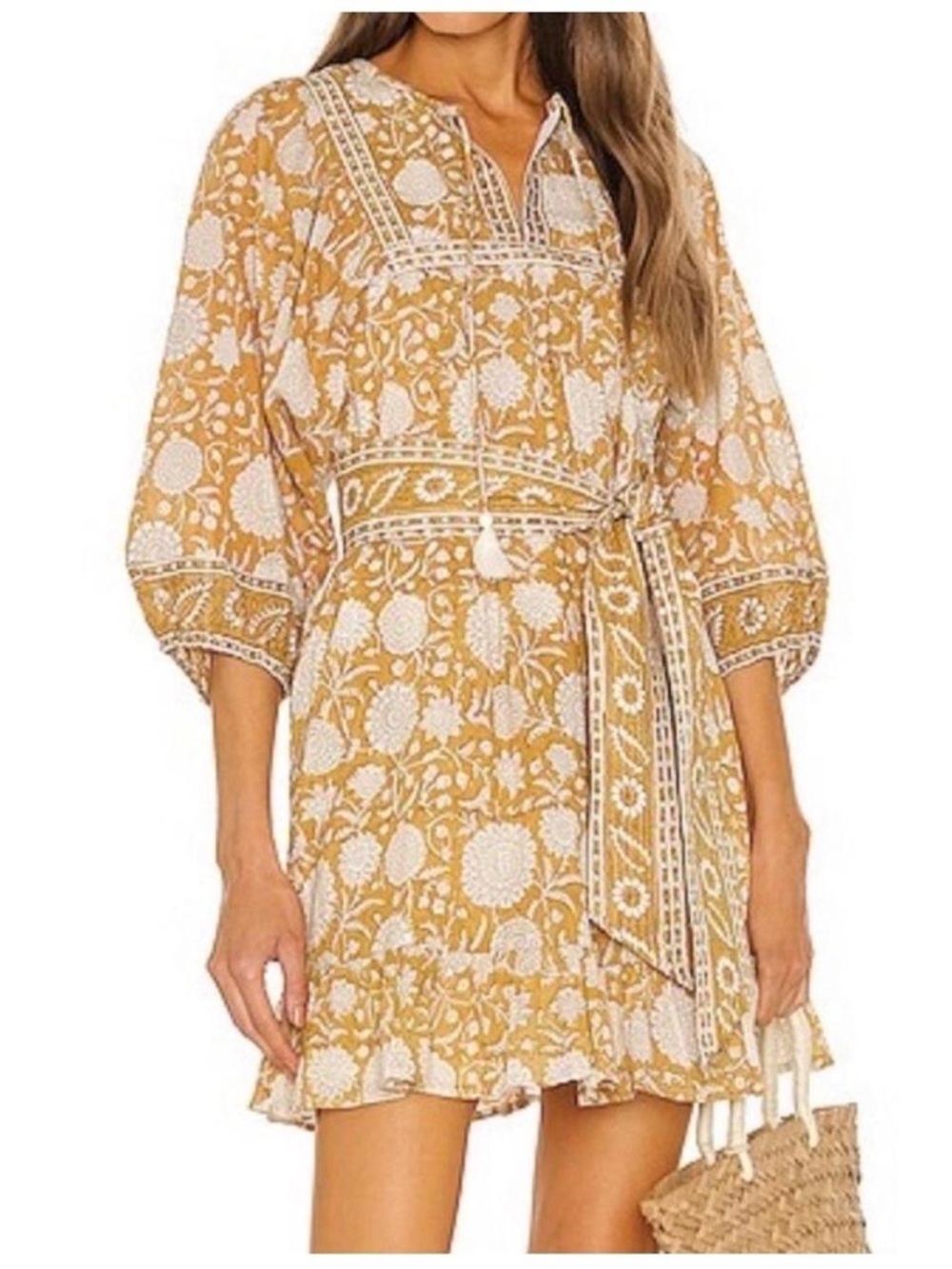 Cleobella Magdalena Mustard Yellow Floral Tassel Boho Dress - Picture 3 of 6